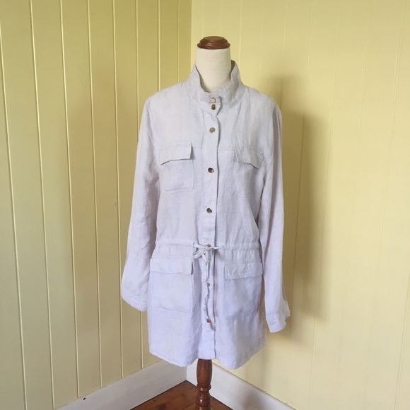 Jones New York Jackets & Blazers - JONES NEW YORK linen womens L long line draw string jacket oatmeal gold tone NEW